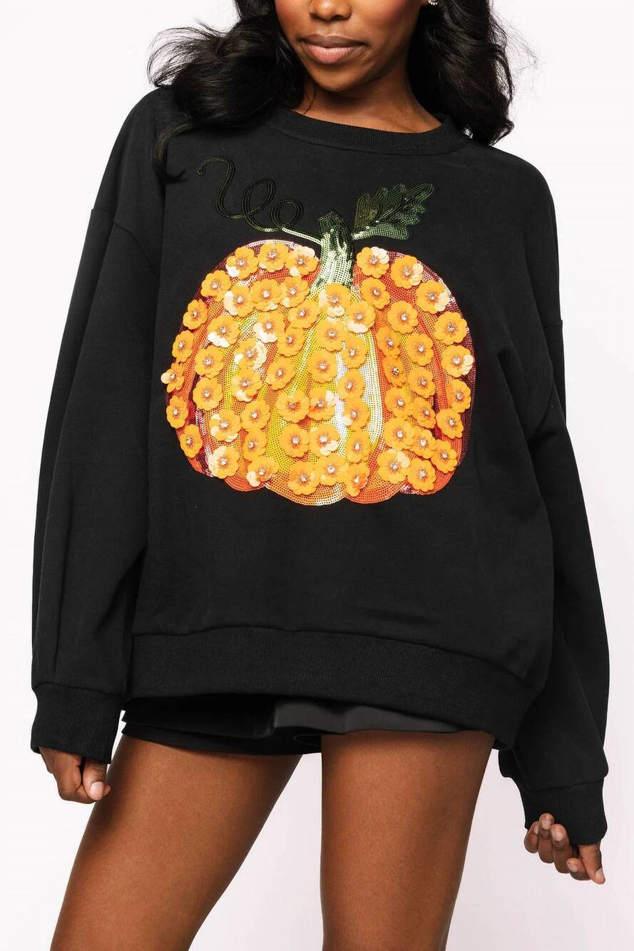 NEW QUEEN OF SPARKLES flower sequin pumpkin sweatshirt in black